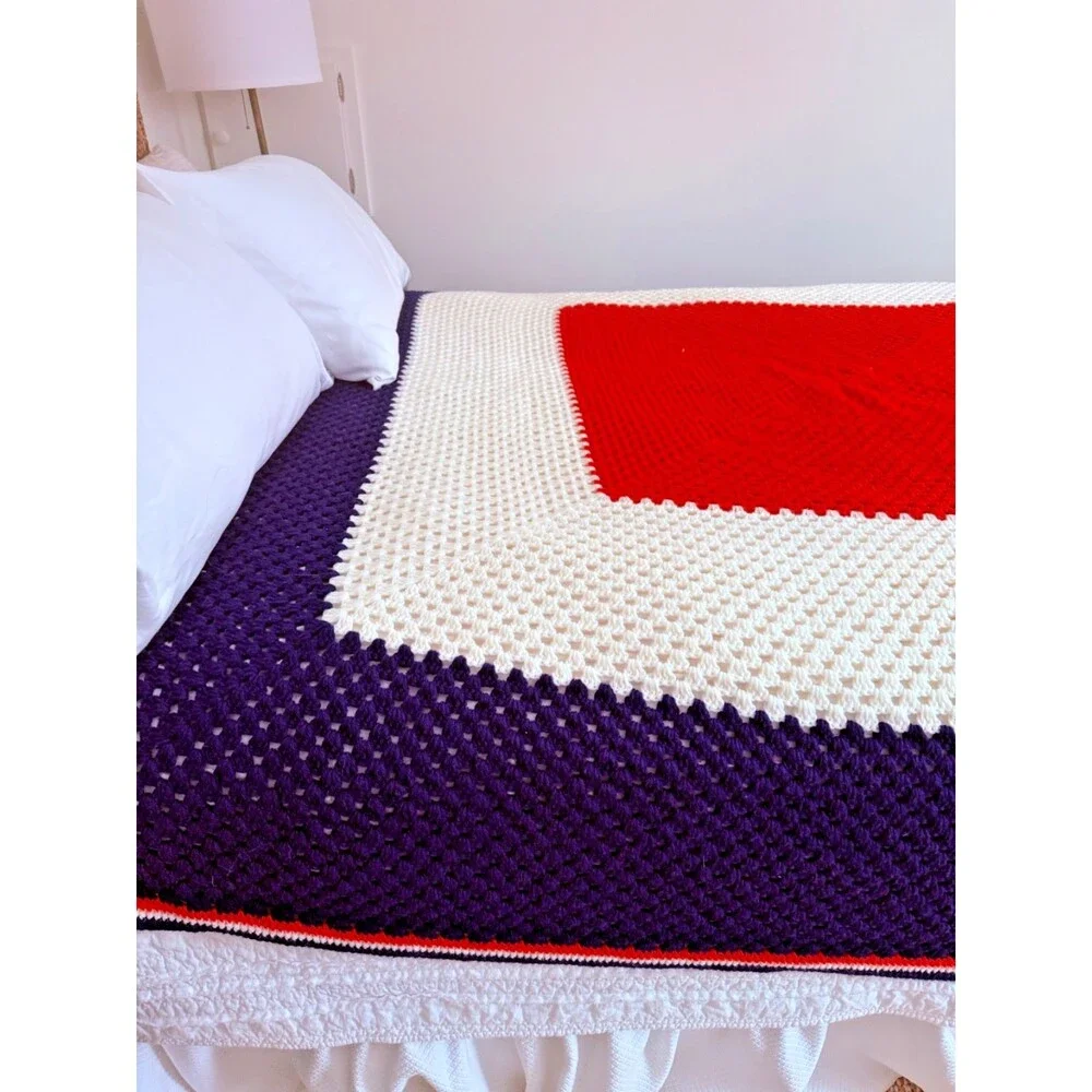 Vintage Large Crochet Afghan Blanket Throw Handmade 100” x 104” Red White & Blue